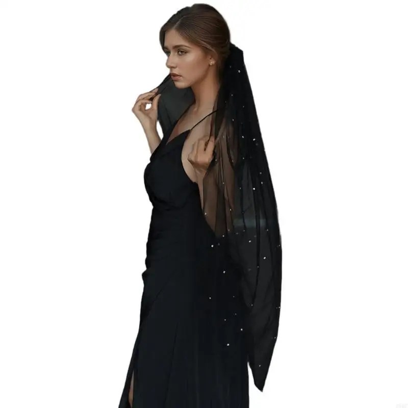 

39BC Изысканная черная фата для невест со сверкающими стразами для украшения вечеринки