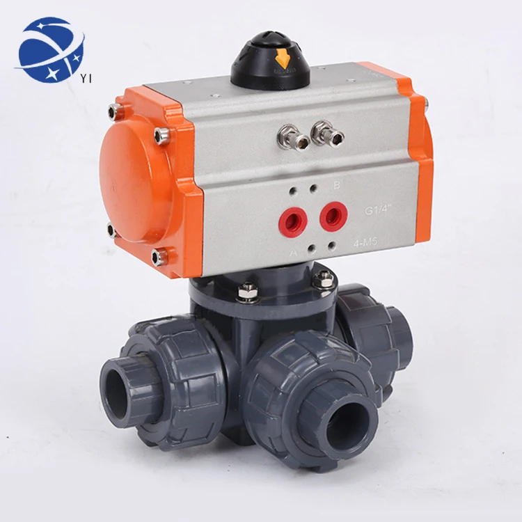 

YUNYI Double Union PVC Plastic 3 Ways L port Pneumatic Control socket Ball Valve Spring Returned with Air Solenoid Valve