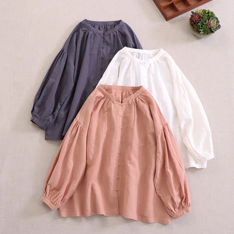 

Mori Girl Vintage Solid Color Cotton Linen Shirts Women Japan Style O-Neck Long Puff Sleeve Casual Loose Blouse Tops