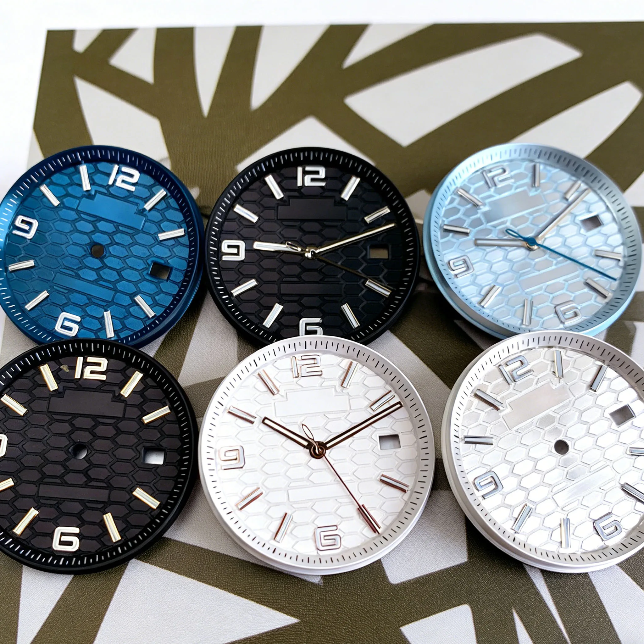 34mm Scaly Texture Luminous Sunburst Watch Dial With Date Window Black Blue Silver White Fit NH35 NH36 NH38 Movement Watch Parts