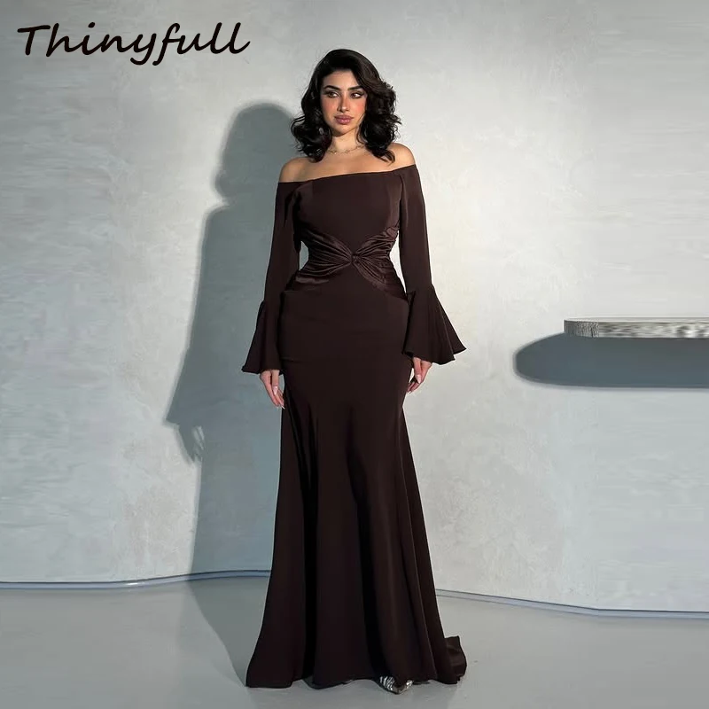 

Thinyfull A-line Satin Arab Prom Dresses Off Shoulder Long Sleeves Evening Party Dress Formal Gown robes de soirée Customized