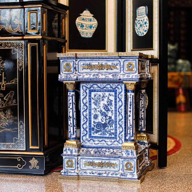 

European-style villa luxury classical art hand-painted porcelain inlaid copper pier vase rack cabinet