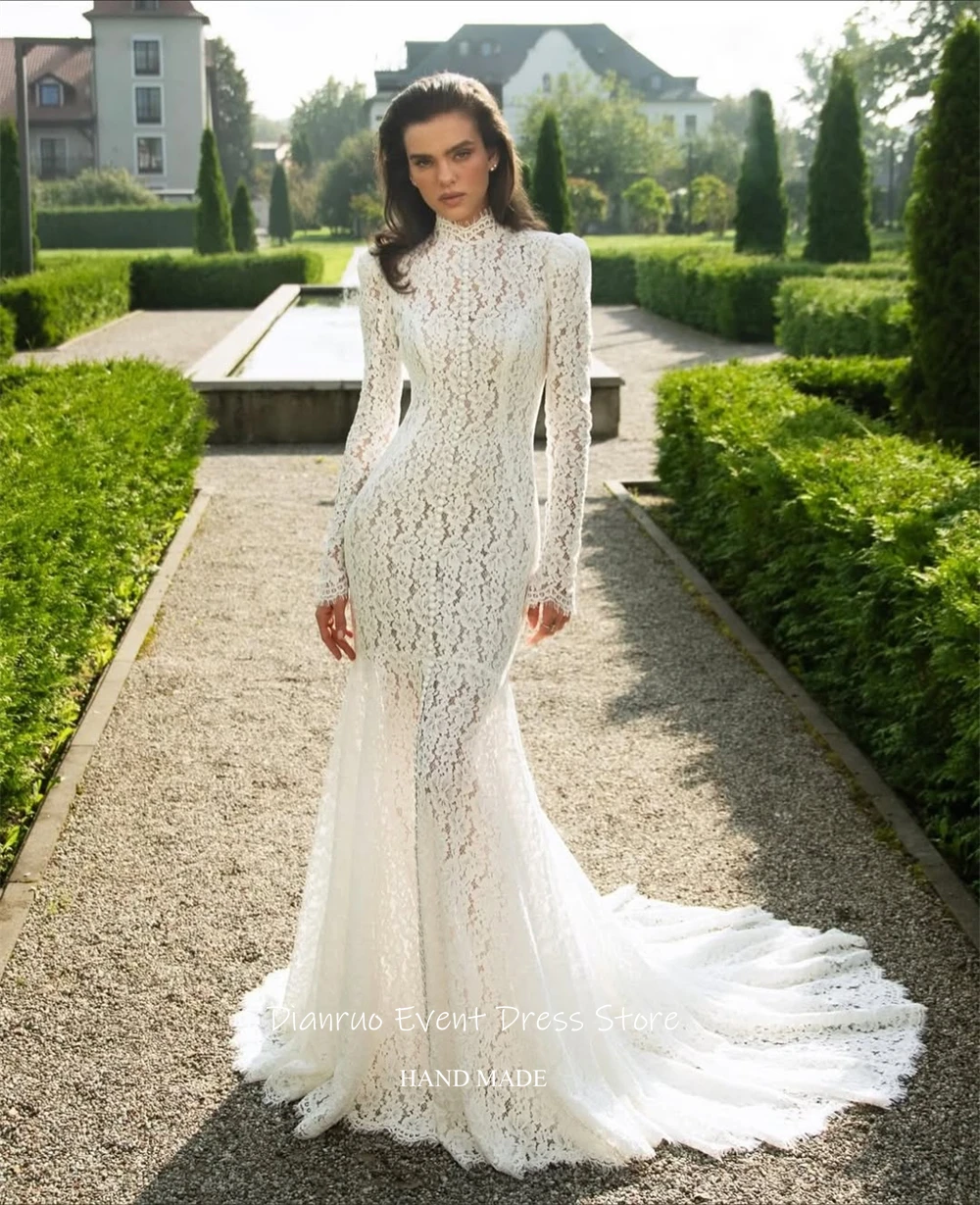 Dianruo Backless Long Sleeves Bridal Wedding Dress Floor Length Mermaid Vestido Novia Civil High Neck Robe De Mariée Customized