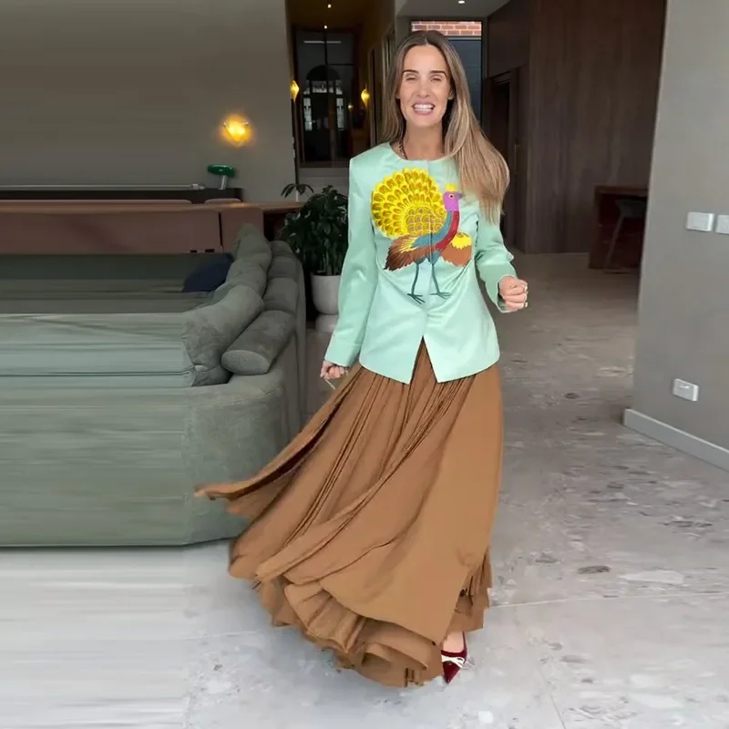 Mäntel mit Pfauenstickerei und Taillenbund für Damen, elegante, langärmlige, getäfelte, schmale Jacken mit Rundhalsausschnitt, schicke Damen-Oberbekleidung für den Arbeitsweg – Detail 15