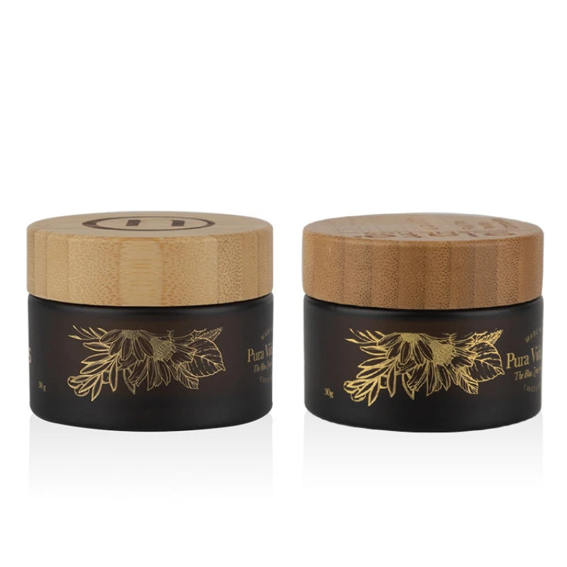 30ml Frosted Eco-friendly Cosmetics Containers Packaging Cosmetic Body Cream 30g Amber Glass Jar with Bamboo Wood Lid Skin Care