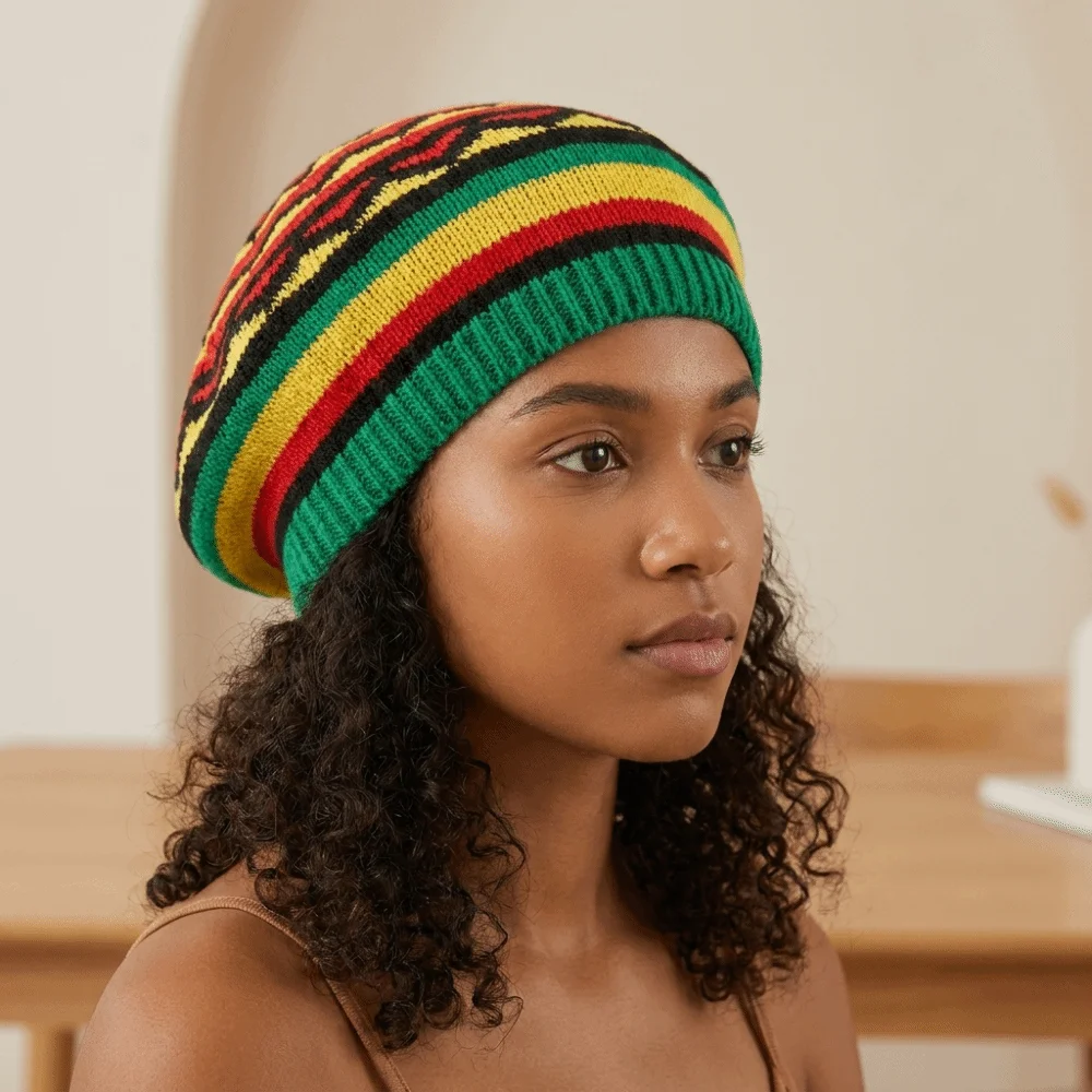 Funny Crochet Jamaican Knitted Hat Rainbow Color Stripe Hippie Beret Soft Comfortable To Wear Reggae Hat Party Costume