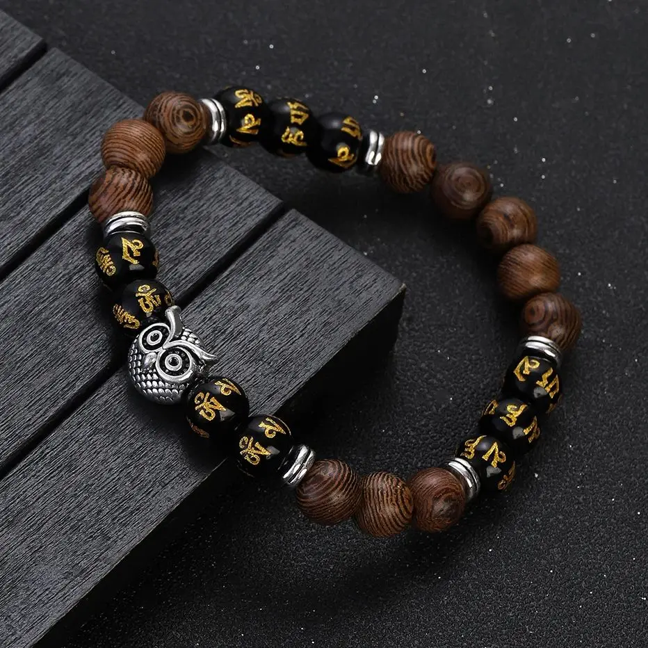 Retro Tibetan Wooden Bead Bracelet Women Men Black Obsidian Carved Six Words Mantra Bracelets Ethnic Buddhist Meditation Jewelry