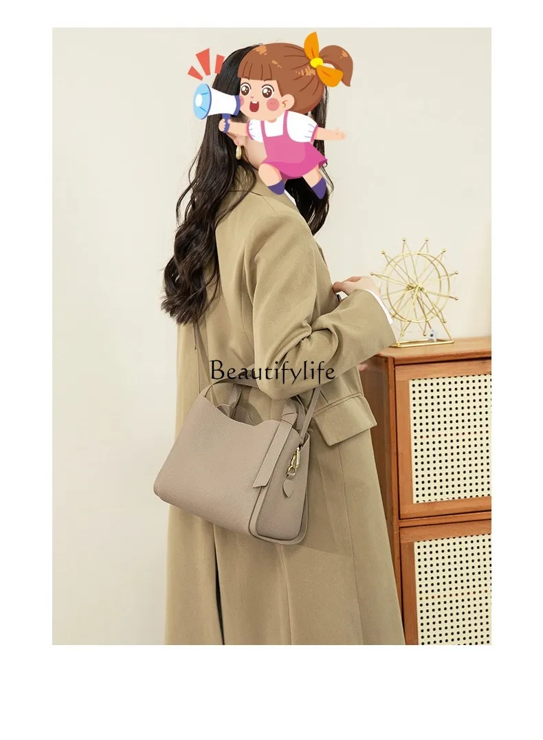 Genuine Leather Bucket Bag, Large Capacity, Portable Vegetable Basket, Crossbody Bag, All-Match Shoulder Bag, Fashion