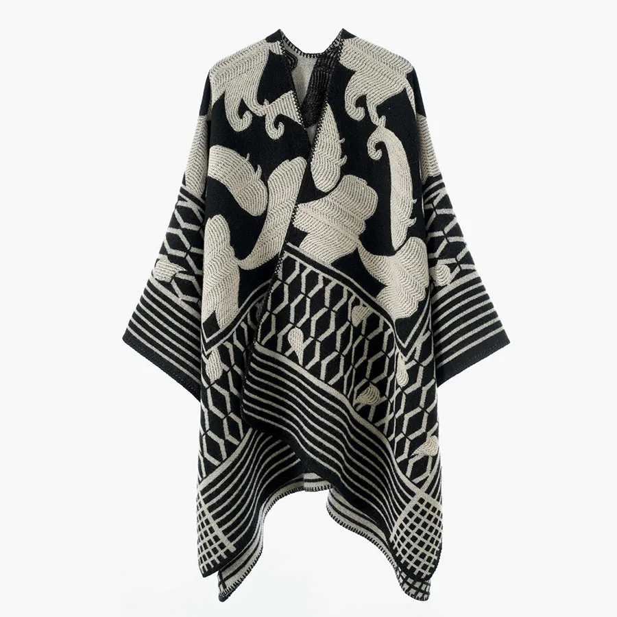 Women Geometric Jacquard Poncho Shawl Oversize Vintage Open Front Faux Cashmere Cape Autumn Winter Casual Travel Warm Wrap
