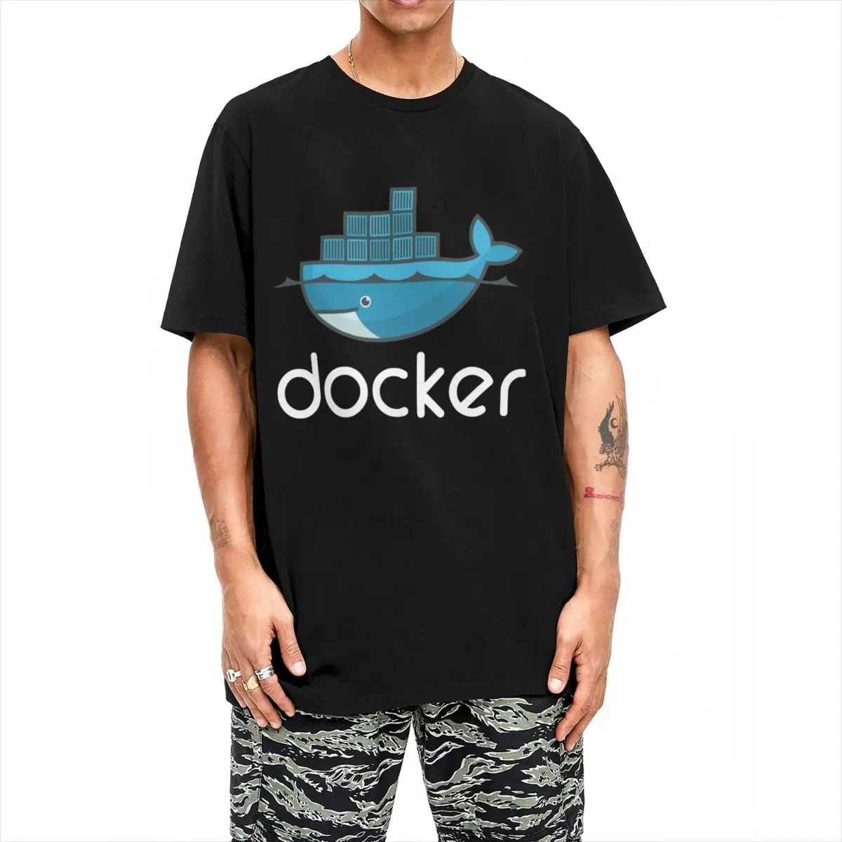 Docker Logo T-Shirts Men Women's Round Neck Pure Cotton T Shirts Linux Javascript Short Sleeve Tee Shirt Gift Idea Clothing