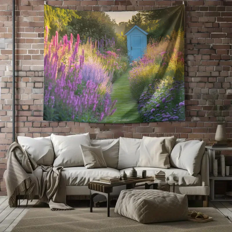 Super Large Floral Garden Tapestry Wall Decor Cottagecore Meadow Aesthetic Blue Shed Nature Artwork Canvas Boho Spring Home Deco