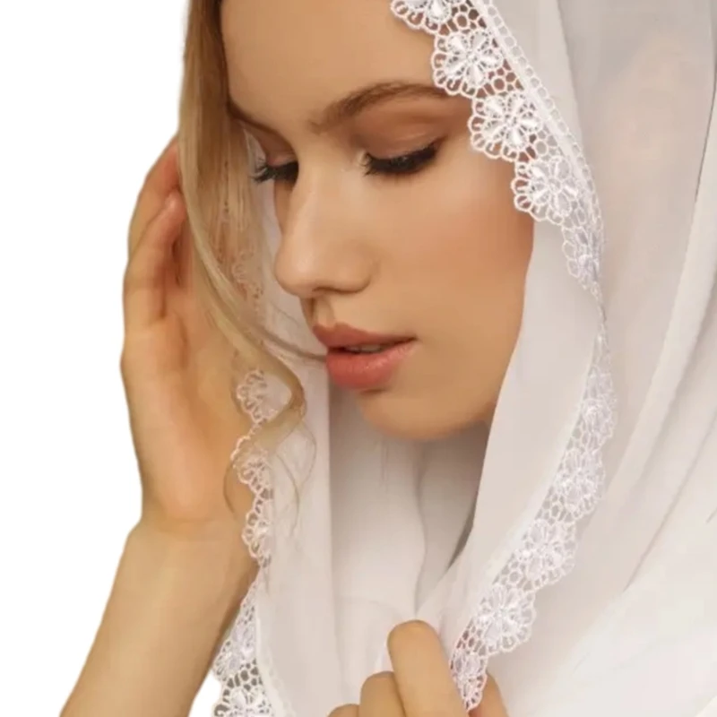 Woman Lace Veil Wedding Church Lace Trim Veil Lightweight Scarf with Floral Pattern Hot Weather Muslims Girl Drop Shipping