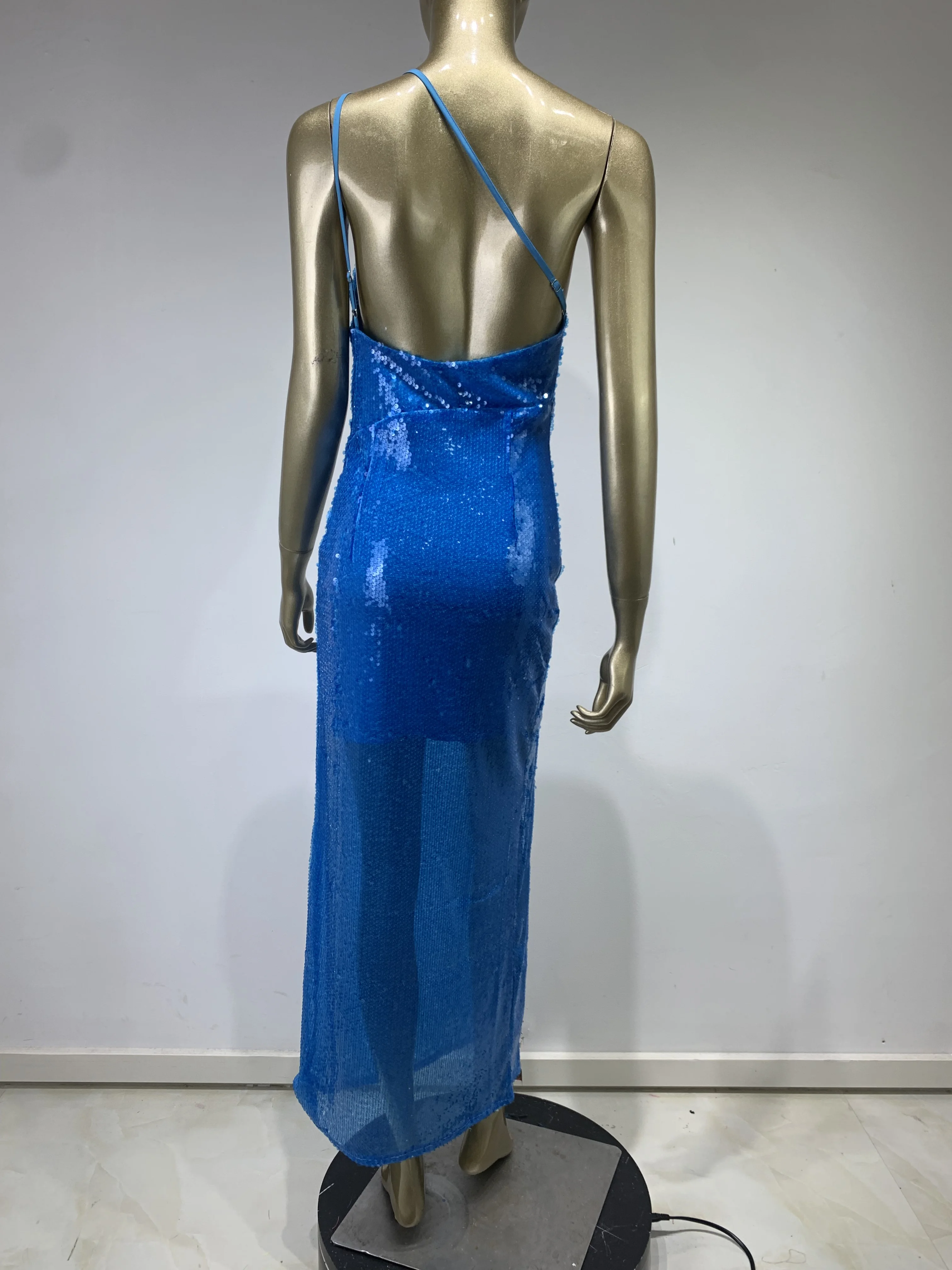 Vestido largo de lentejuelas de un hombro para mujer, traje de lujo Sexy, malla recortada, azul, Maxi, elegante, celebridad, fiesta nocturna, Club