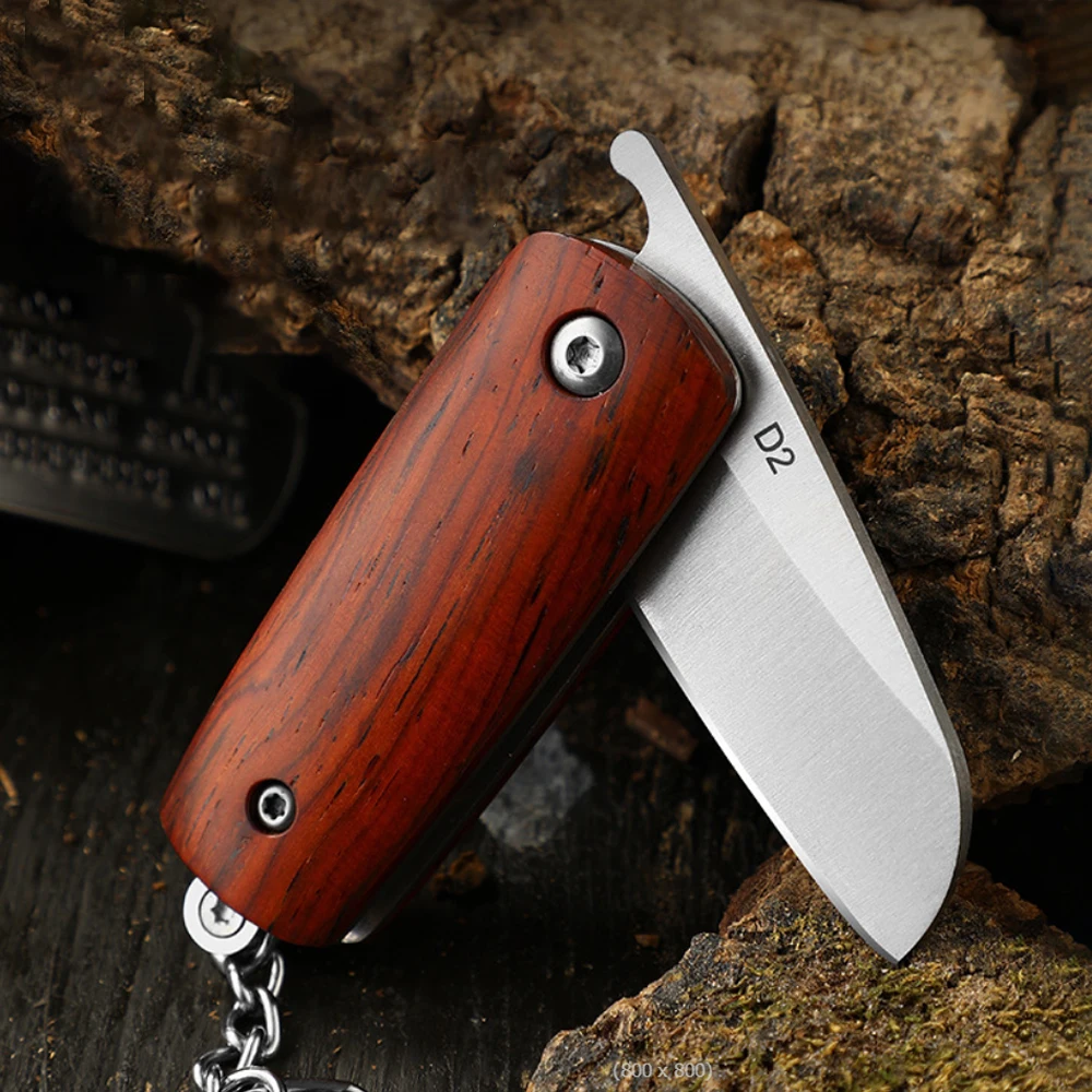 Mini D2 Keychain Folding Knife Sandalwood Handle Pocket Knife Outdoor Camping Hiking Survival Gear Portable EDC Small Cutter