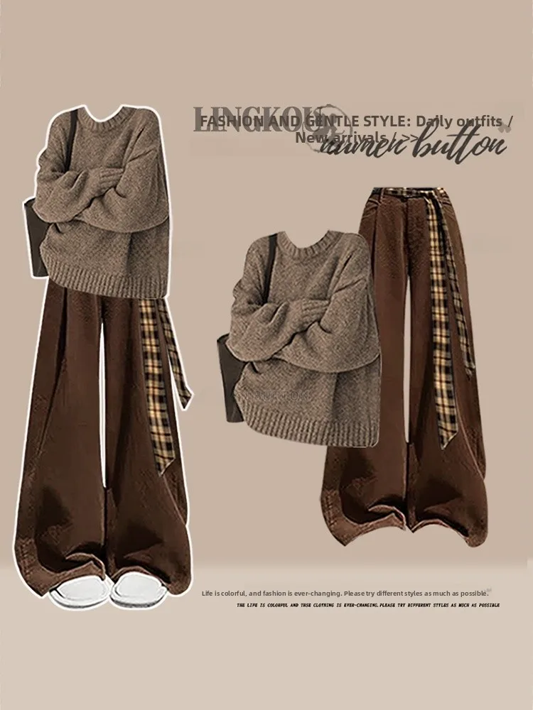 

Осенний вязаный комплект большого размера для женщин, свободный повседневный винтажный свитер Long Sve round Ne и утягивающие брюки, два пи...