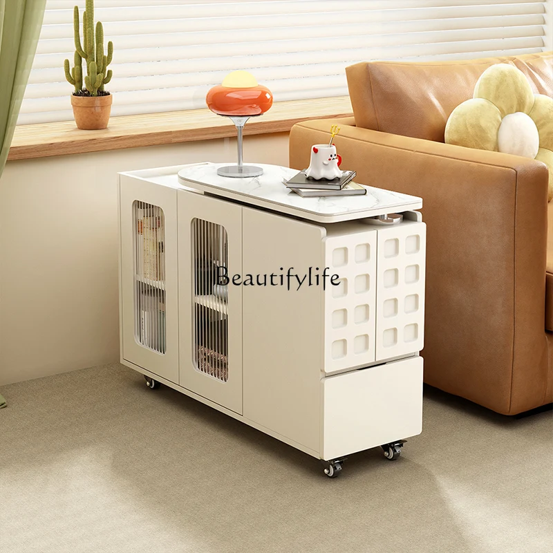 05-*Cream wind living room sofa side can be rotated with rock slab large capacity side cabinet can be moved