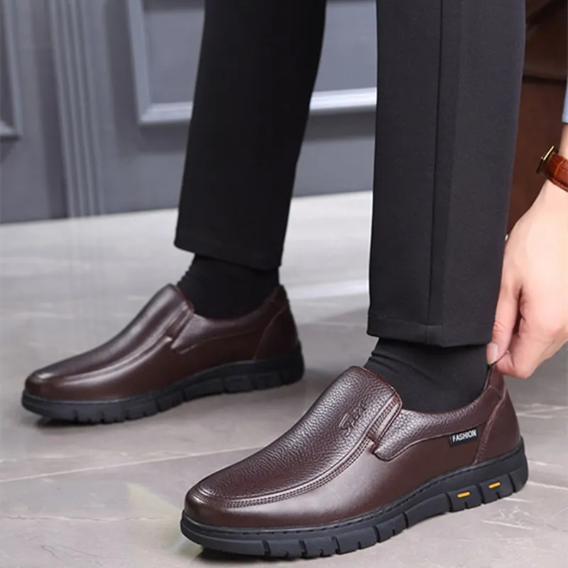 

High Quality Mens Genuine Leather Derby Shoes Comfortable Soft Sole Non-Slip Business Casual Breathable Slip-on Office Footwear