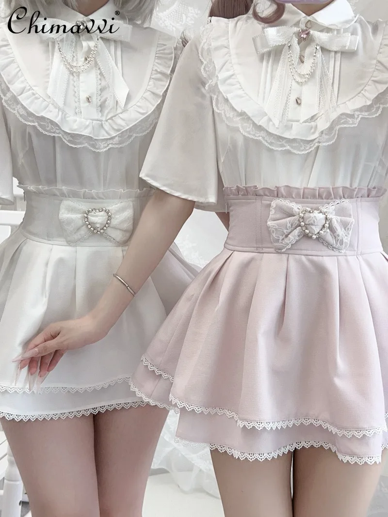 

Японская милая рубашка с рукавами-бабочками и юбка, комплект из двух предметов, весна-лето, новинка массового производства, милая одежда Лолиты для девочек