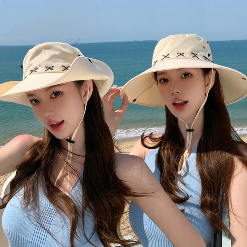 

Breathable Western Cowboy Hat Solid Color Retro Wide Brim Sun Hat Adjustable Mountaineering Fisherman Sunshade Cap Summer