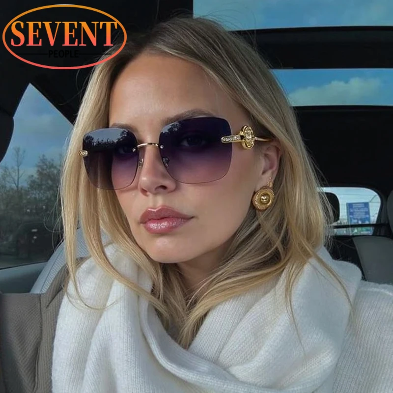 نظارات شمسية مربعة عصرية كبيرة الحجم بدون إطار 2025 ماركة فاخرة عتيقة Y2K بإطار معدني فاسق نظارة شمسية للسيدات بدون إطار
