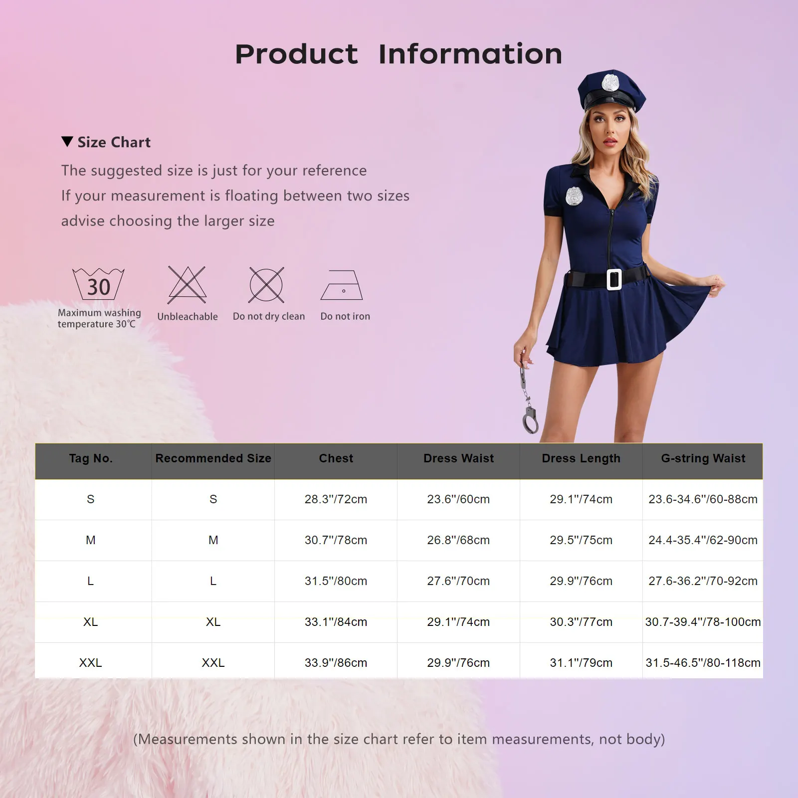 Womens Dirty Cop Officer Police Halloween Cosplay Outfits Front Zip Dress Thong Hat Waist Belt Manacles Policewoman Uniform