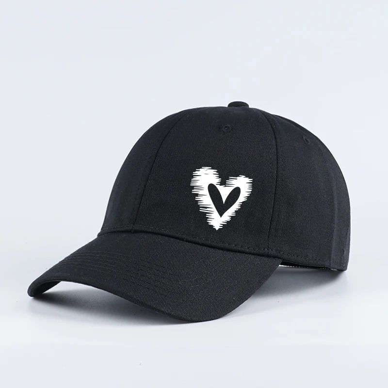 Stylish, minimalist baseball cap with heart print; adjustable sun hat; perfect for casual everyday wear, camping, and vacations