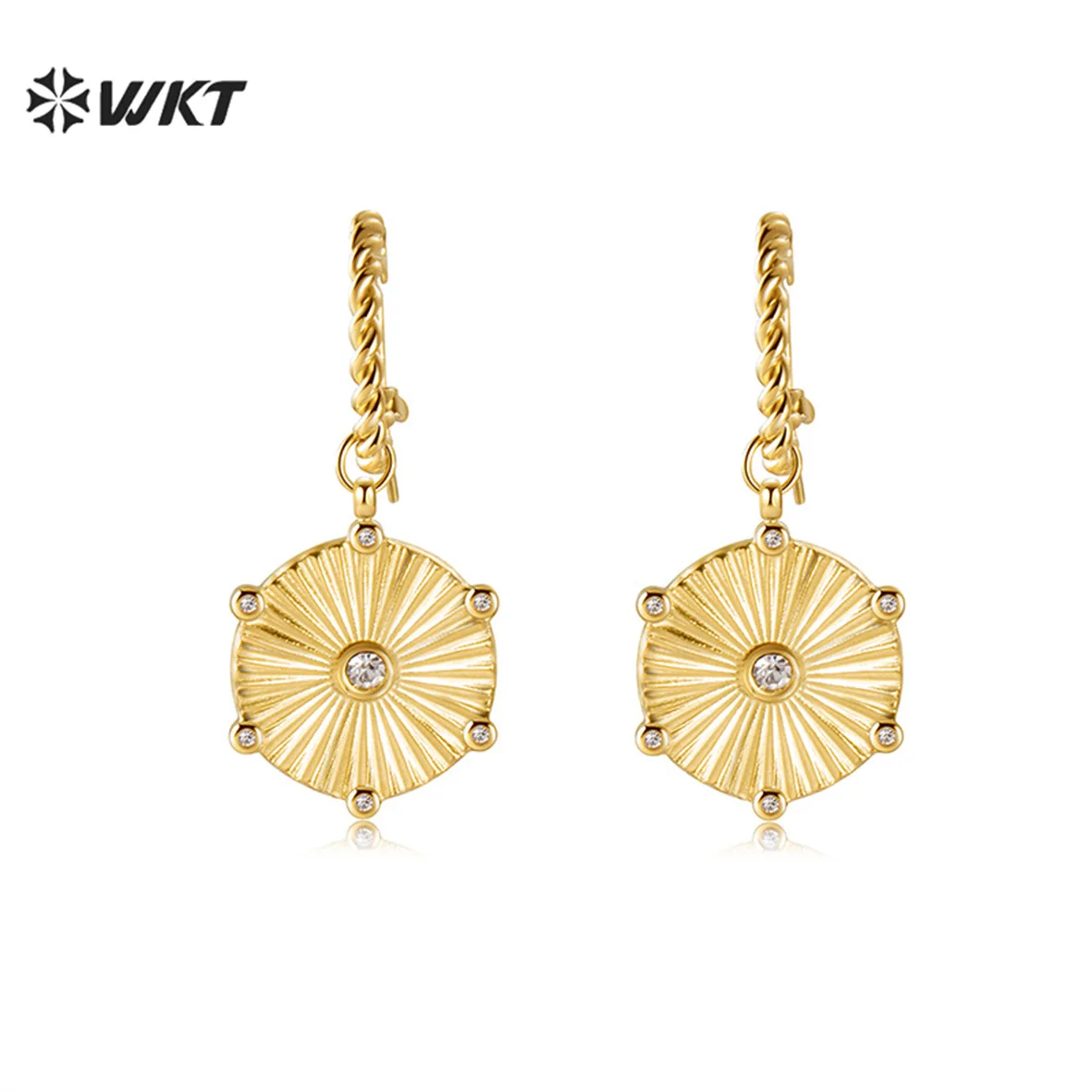 WT-SSE024 WKT Hexagonal Zircon Pendant Earrings Women Stainless Steel Gold plated Twist earrings Wholesale 10 pairs