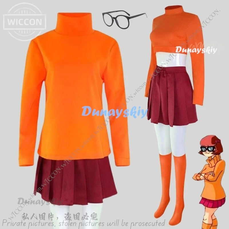 Velma Seragam Anime Cosplay Orange Short Skirt Uniform Halloween Costume Wig Party Carnival Set Role Play Daily Outfit Club