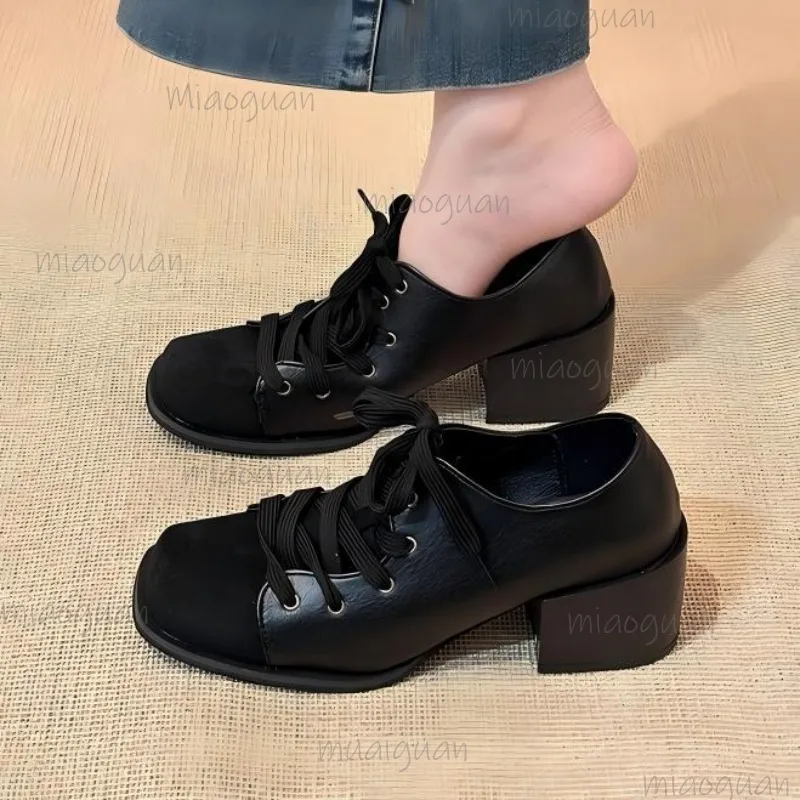 

Винтажные коричневые лоферы на шнуровке с квадратным носком, женские туфли Мэри Джейн на массивном каблуке, офисная женская повседневная обувь, модельные туфли, модные