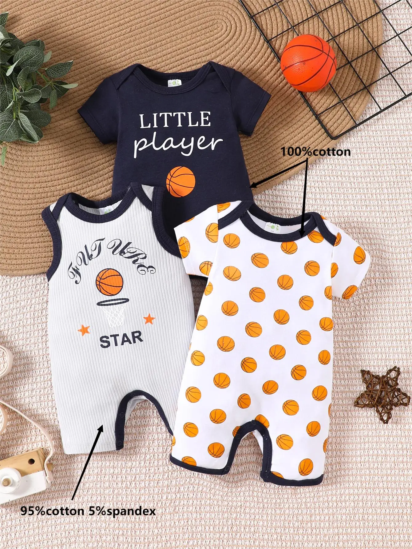 3PCS Boys\' Baby Summer and Autumn Short sleeved Jumpsuit Cute Baseball Pattern Cotton Soft and Moisture Absorbing