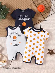 3PCS Boys' Baby Summer and Autumn Short sleeved Jumpsuit Cute Baseball Pattern Cotton Soft and Moisture Absorbing