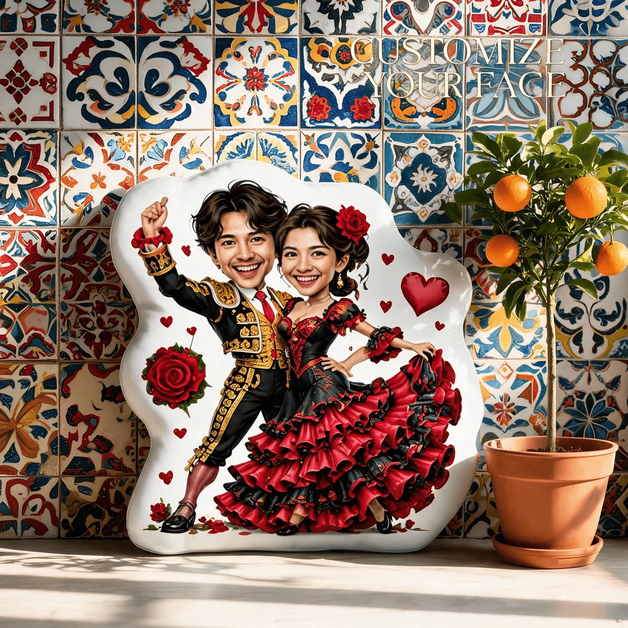 Personalized Couple Photo Shaped Pillow, Romantic Spanish Dance Style Custom Picture Decorative Cushion, Unique Home Decor for S