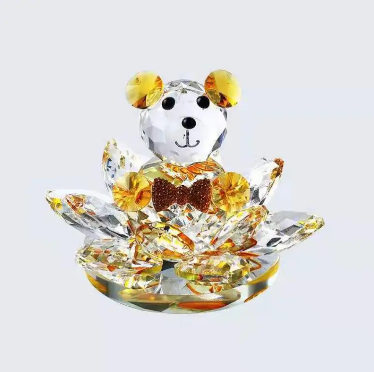 Crystal Lotus Bear Figurines Glass Miniatures Crystal Bears Fengshui Crafts for Gift Home Decoration SN4042