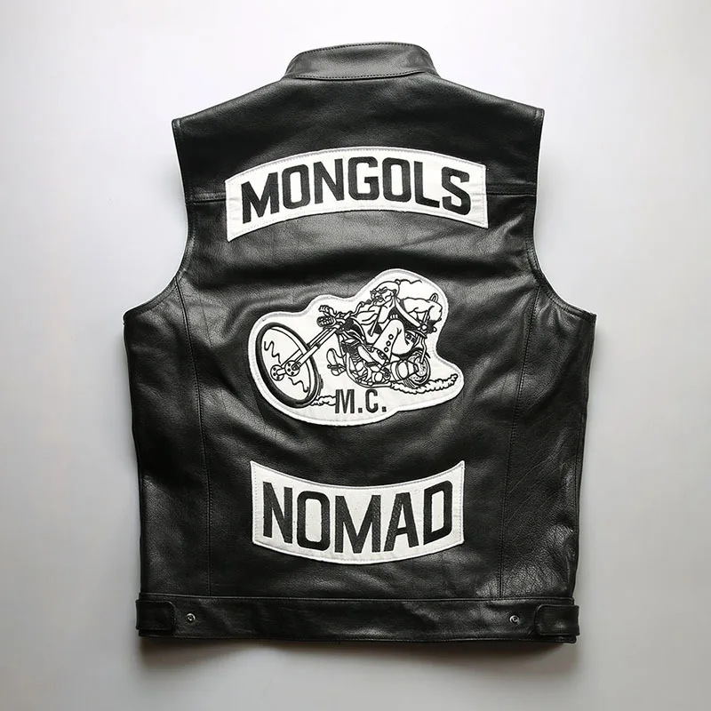 2024 Mens Motorcycle MONGOLS Real Leather Vest Biker Waistcoat Black Cowhide Embroidery Patch Genuine Leather Sleeveless Jackets