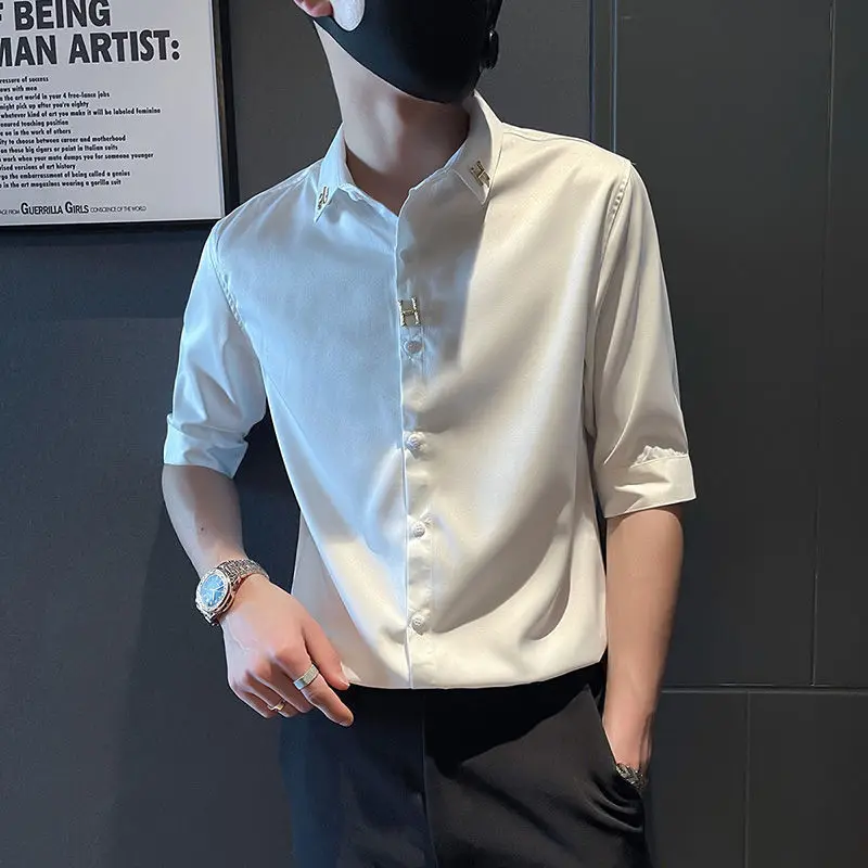 Summer New Fashion Solid Color Top Menswear Trend Letter Half Sleeve Button Lapel Loose Casual Simple Commuter Versatile Shirt