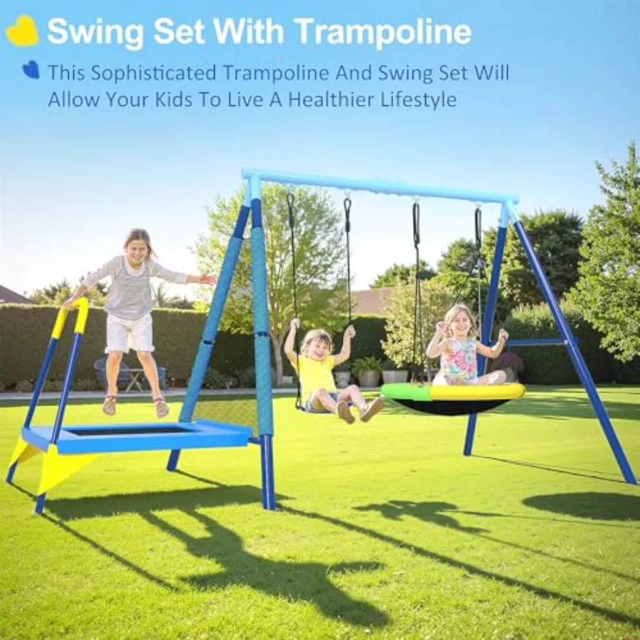 Set altalena da 440 libbre Parco giochi esterno 3in1 con piattino Sedile con cintura altalena e trampolino da 4 piedi Supporto in metallo AFrame resistente e sicurezza