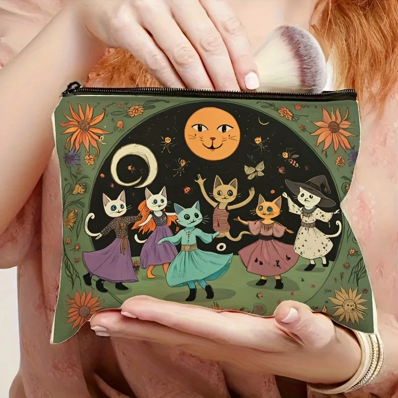 1pc Beauty Tool Makeup Bag Toiletry Bag, Retro Witch Halloween Cat Print Cute Cartoon Style Multifunctional Storage Bag, Gift