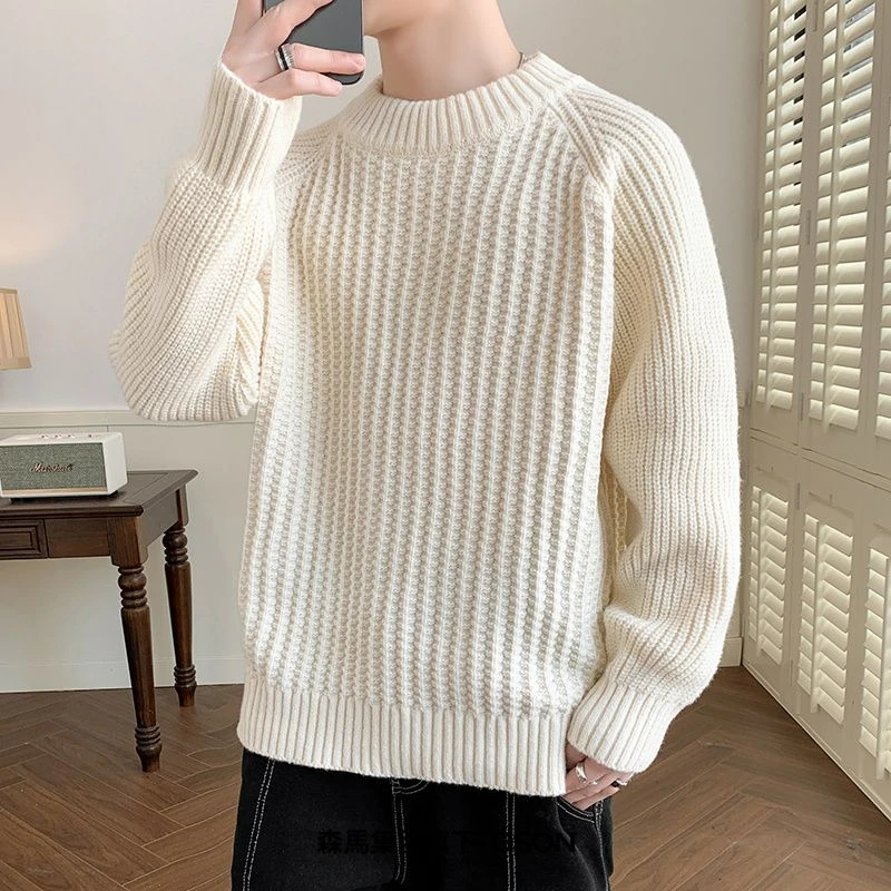 Spring New Round Neck Sweater Men's Korean Style Fashion Leisure Large Size Knitwear Male Thickened Warm Inner Match Pullover