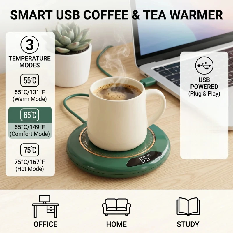 Smart Temperature‑Controlled Cup Warmer Mat 3 Speed Adjustable Coffee Mug Heater Pad Office Household Drink Heating Coaster