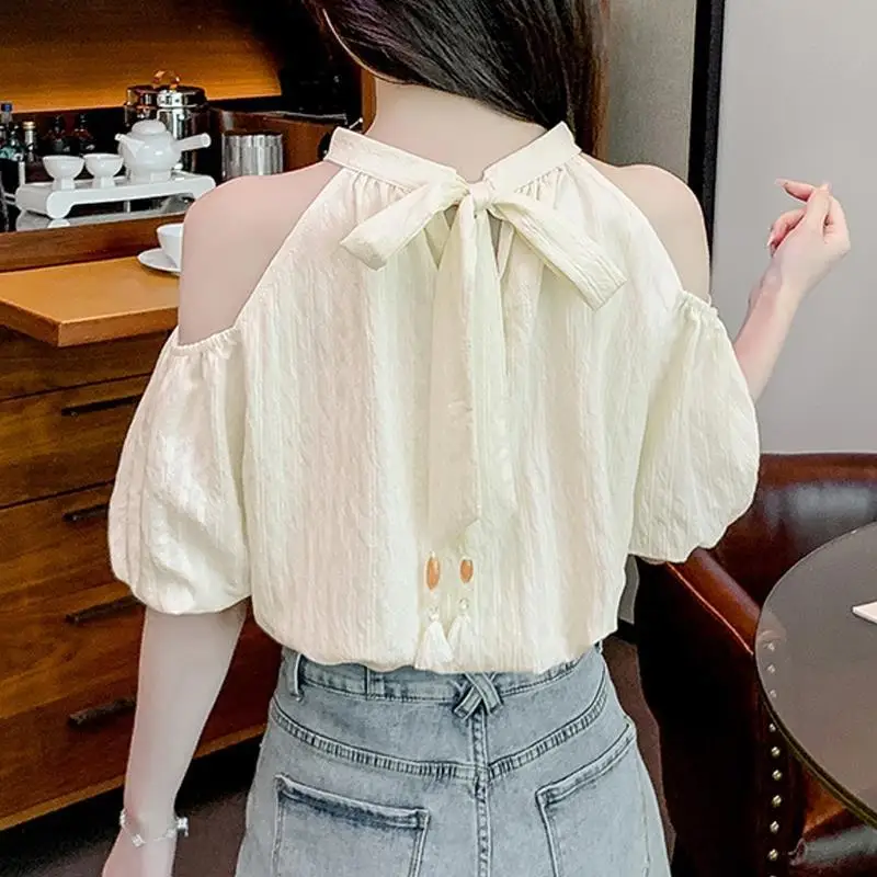 Summer Solid Color Pullover Round Neck Bow Bandage Beaded Puff Short Sleeve T-shirt Korean Fashion Sweet Women\'s Clothing Tops