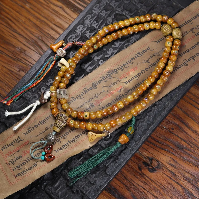 Tibetan-Style Old Yak Bone Inlaid Multi-Gem Rosary, 108 , Buddhist Prayer Beads Bracelet, Three-Piece Accessory Set