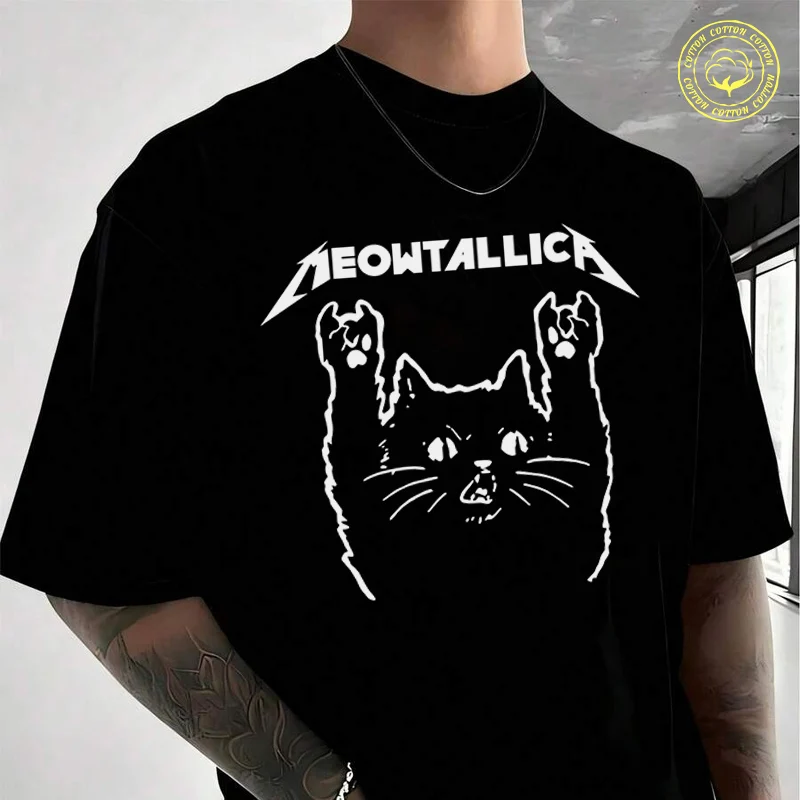 

Забавная футболка с изображением кота Meowtallica, футболка в стиле рок-музыки, мужская брендовая футболка Moto, мужские летние футболки, повседневные футболки высокого качества с круглым вырезом