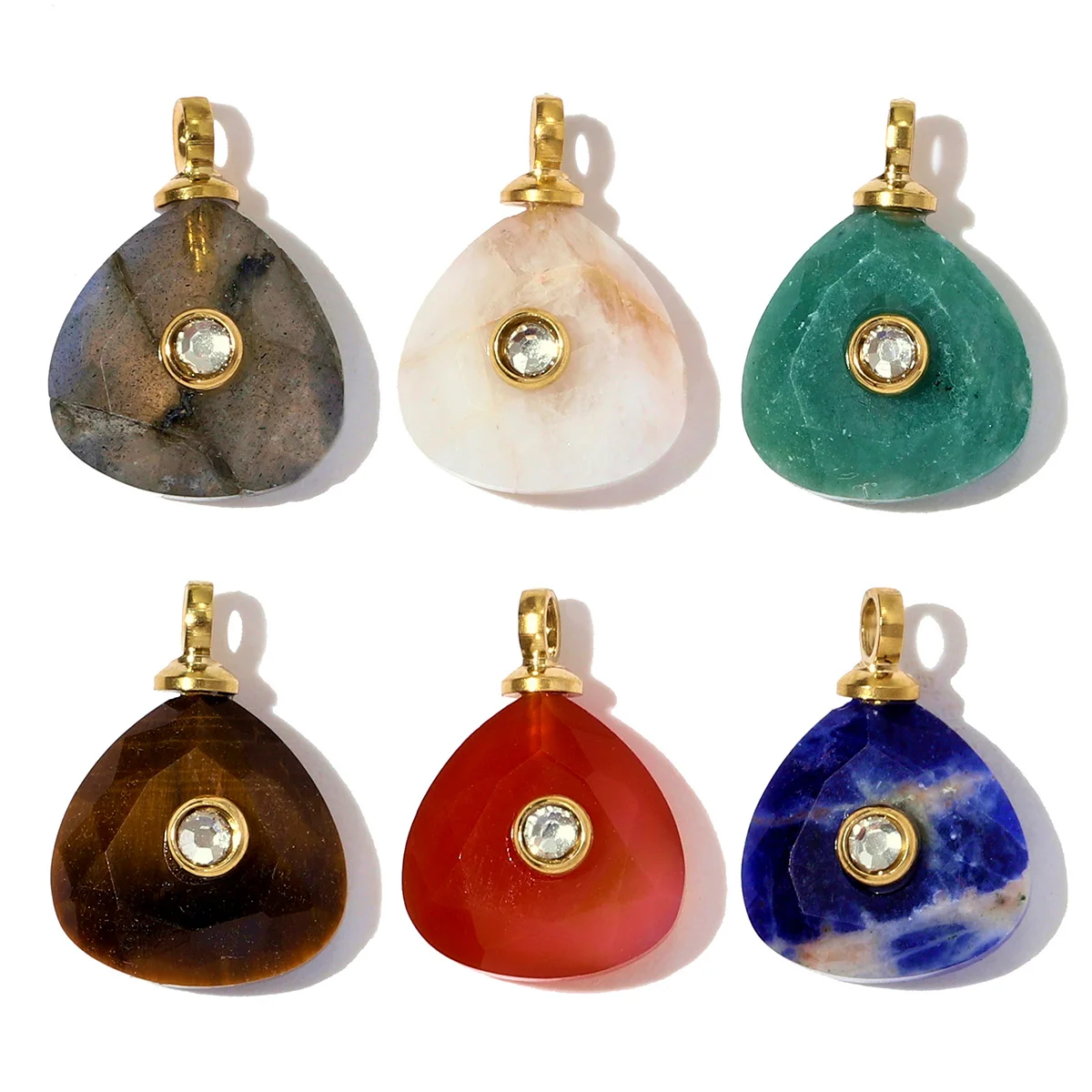 3 teile/los Edelstahl Dreieck Naturstein Halskette Anhänger Weiße Jade Gelb Achat DIY Charme Frauen Schmuck Großhandel