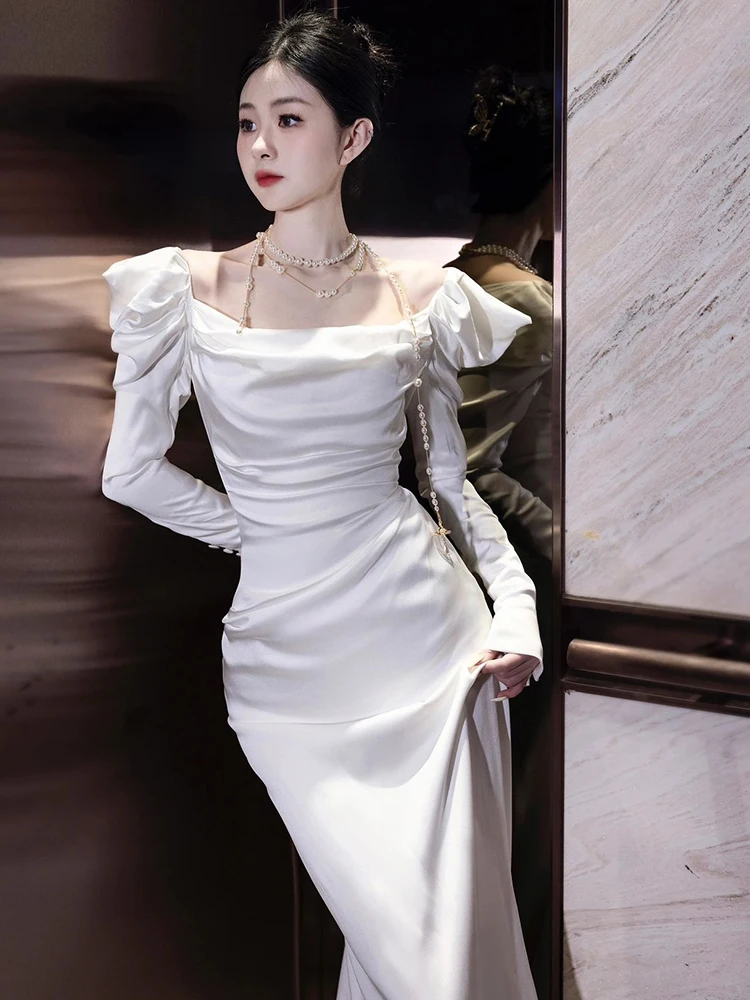 custom Elegant Simple Satin Long Sleeved Wedding Evening Party Gown Scoop Bride Prom Dress Women's Outfit Vestidos #18602