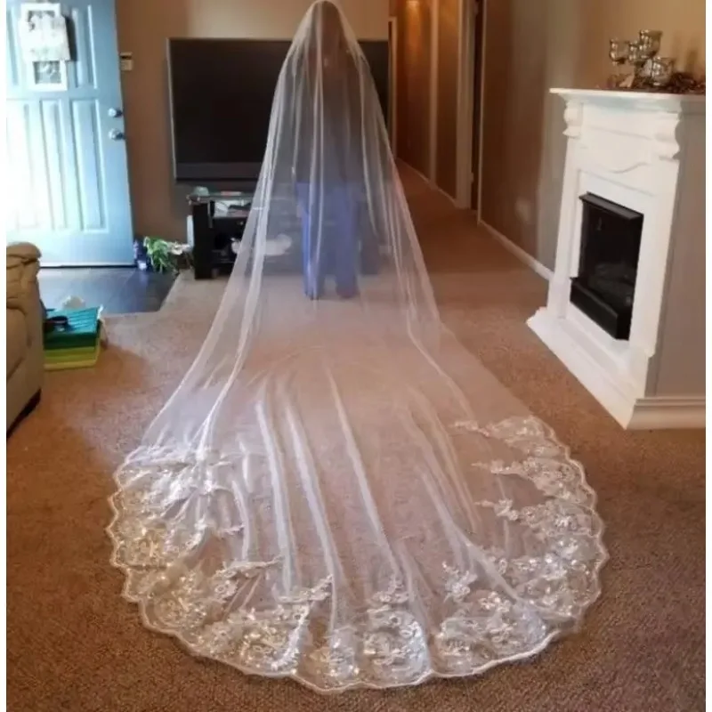 3 meters wide long mesh lace applique wedding veil trailing lace wedding veils bridal