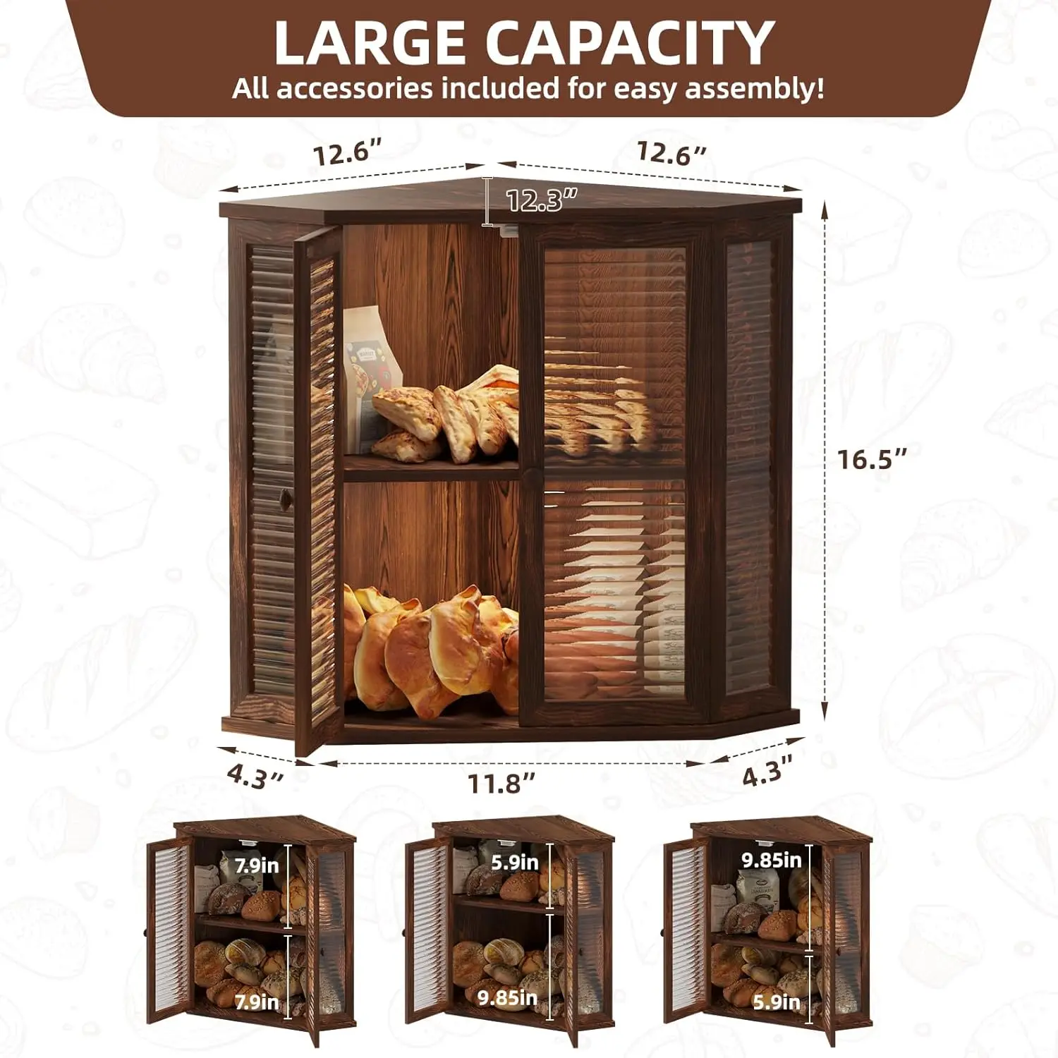 Kotak Roti Sudut untuk Meja Dapur - Kayu Pinus dengan Pintu Kaca, Menampung 3-4 Roti, Menghemat Ruang