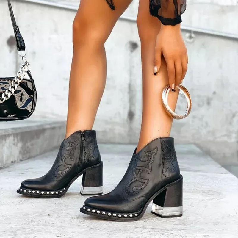 Women Ankle Boots 2023 Leather Shoes Low Heel Cool British Embroidered Design Soft Short Boots Party Woman Footwear Crystal Heel