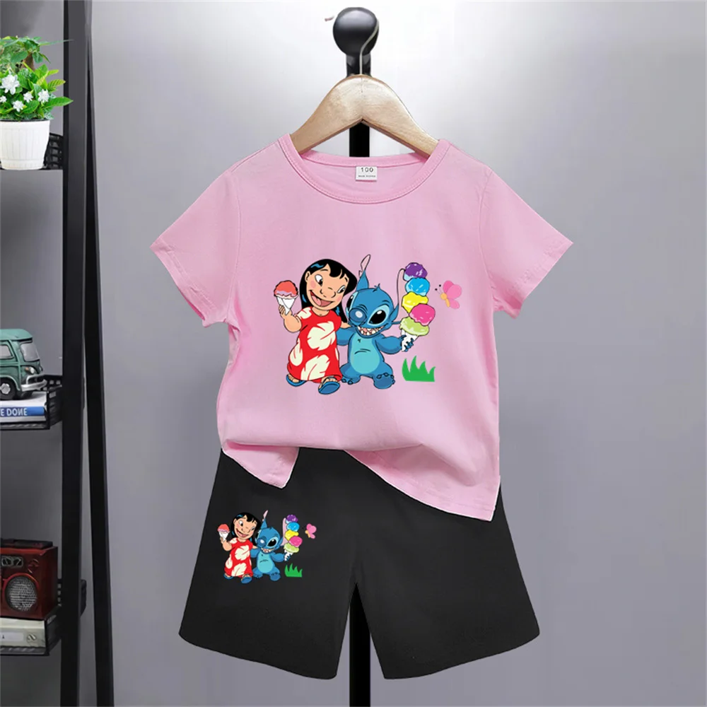 Disney Lilo Stitch Kids T-shirt Pants Kawaii T-shirt Anime Cartoon Kids Casual Clothing 2-piece set Kids Girls Boys Fashion Y2K