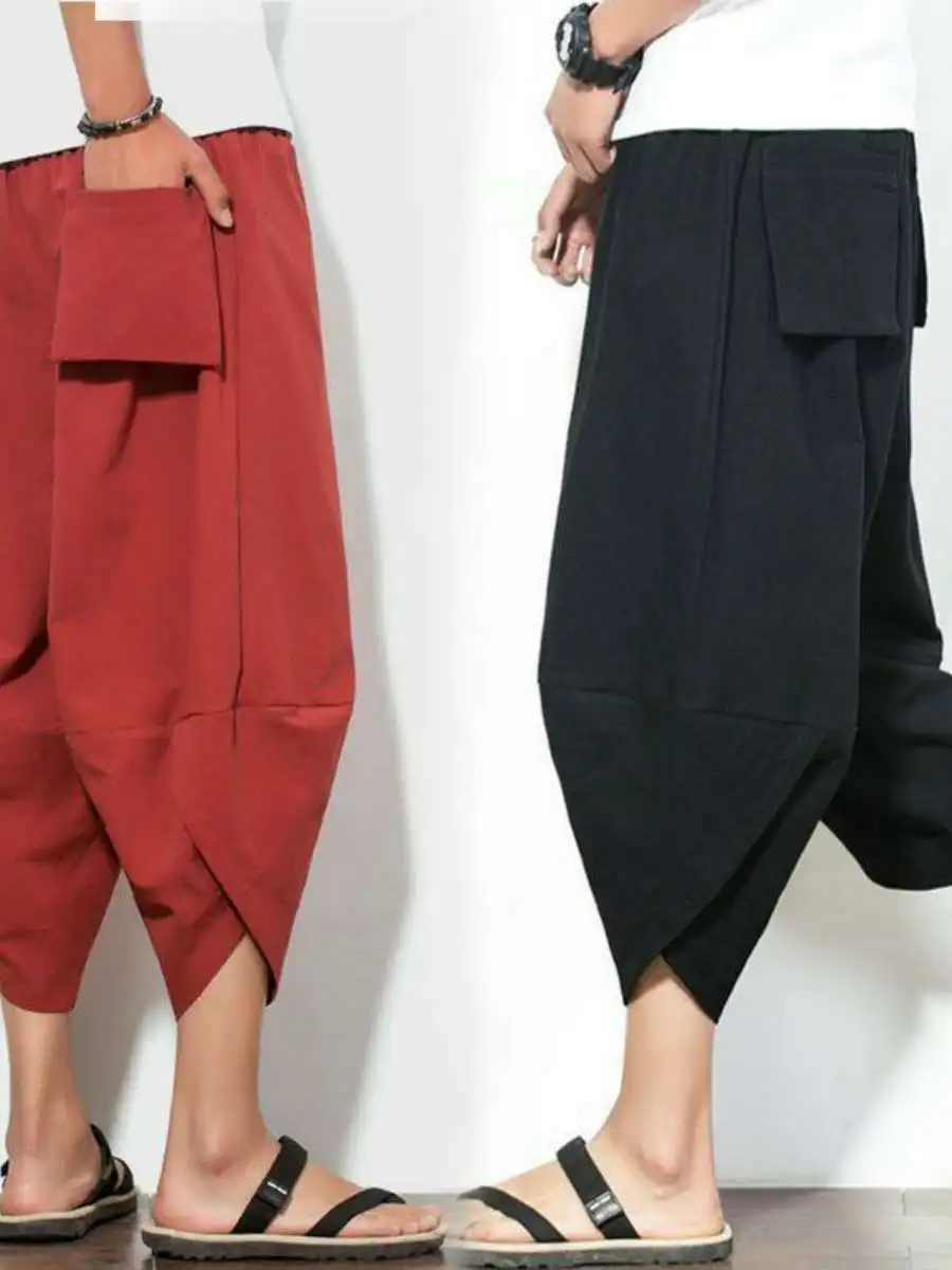 

Men's Loose Wide Leg Seven-Foot Beach Pants Casual Linen Cotton Blend High Waist Straight Cut Spring Autumn Faion Trousers