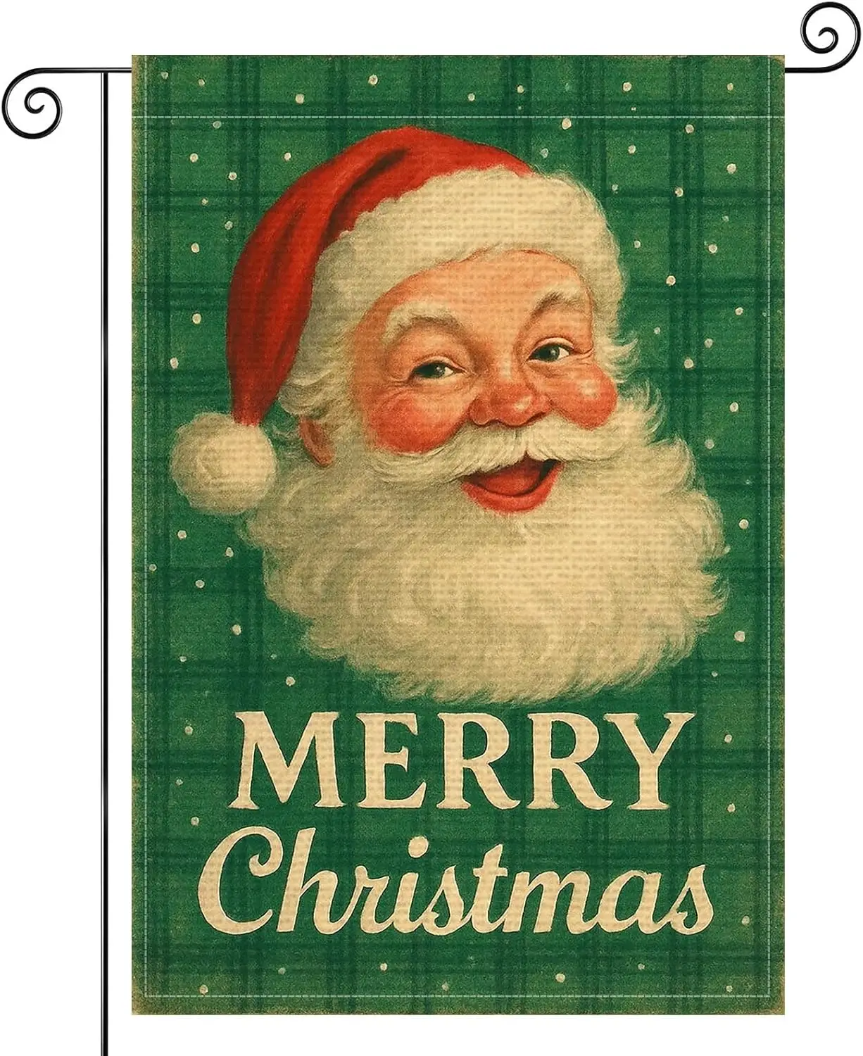 Merry Christmas Garden Flag 12x18 Inch Santa Green Plaid Burlap Double-Sided Seasonal Outdoor Holiday Banner Winter Flag for PPM
